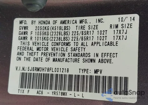 2015 Honda Cr-V Ex-L from USA, damaged, VIN 5J6RM3H78FL001218